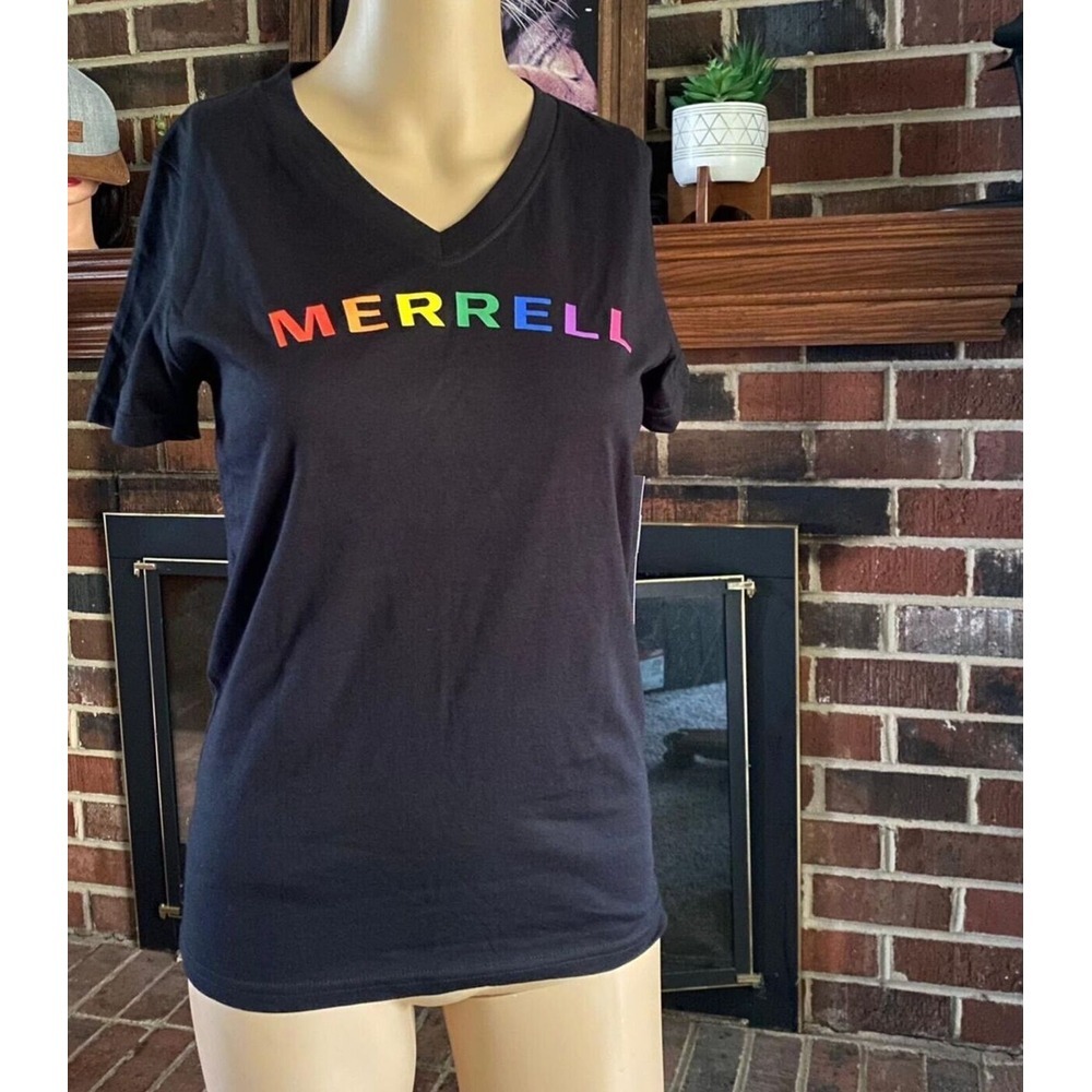 MERRELL Women's Arch Black Stonewash Short Sleeve V Neck T Shirt Size‎ XS New - Picture 2 of 11